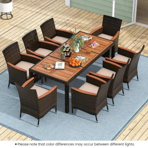 9PCS Patio Acacia Wood Wicker Dining Set